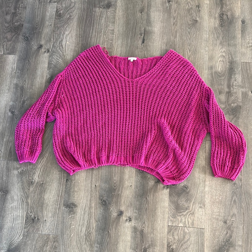 Pink V-Neck Distressed Sweater with Chunky Knit